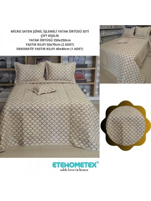 MİCRO SATEN ŞÖNİL İŞLEMELİ ÇİFT KİŞİLİK YATAK ÖRTÜSÜ SETİ BEJ 8696474231907